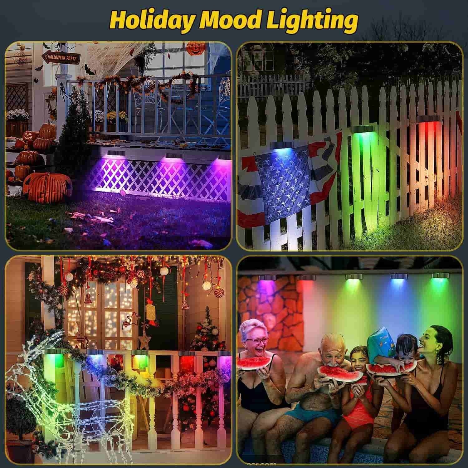 Solar fence lights outdoor wall lights Waterproof IP65, Warm white & RGB 8 specific fixed colors for fence wall step deck patio
