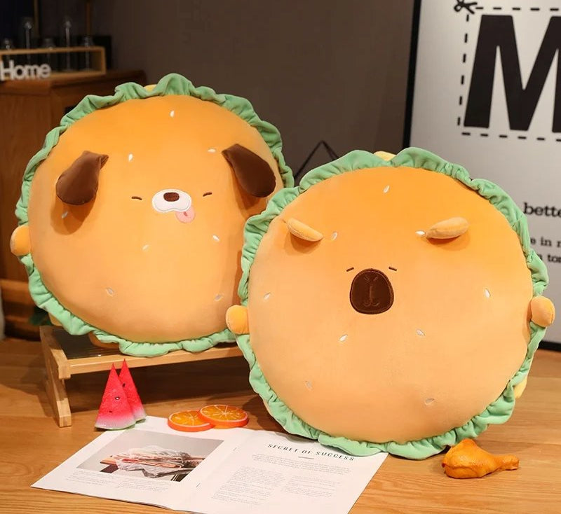Capybara & Dog Hamburger Plushie Pillow