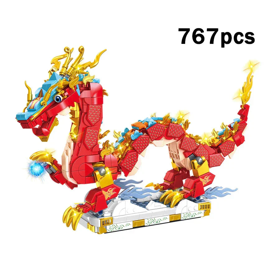 Chinese Lunar Red Blue-Tipped Dragon Building Blocks
