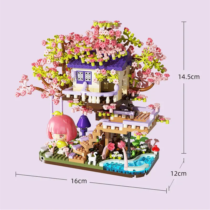Kawaii Sakura Cherry Blossom Purple Tree House Nano Building Set