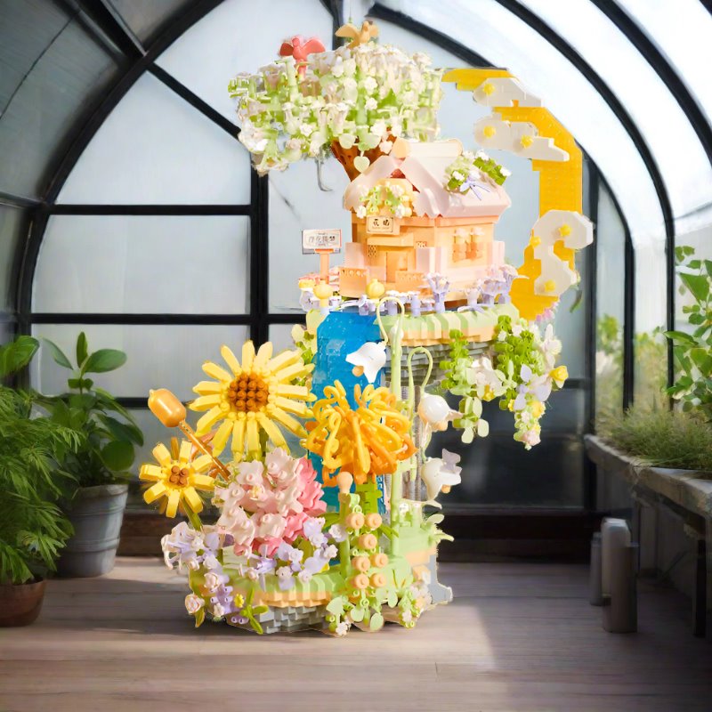 Romantic Waterfall Orchard Villa Micro Building Blocks With Light