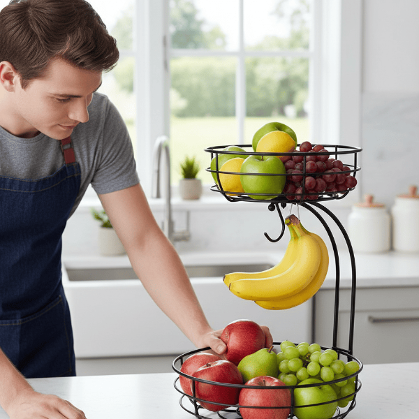 KITCHENOVA FRUIT HAVEN – 2-Tier Metal Fruit Basket with Banana Holder