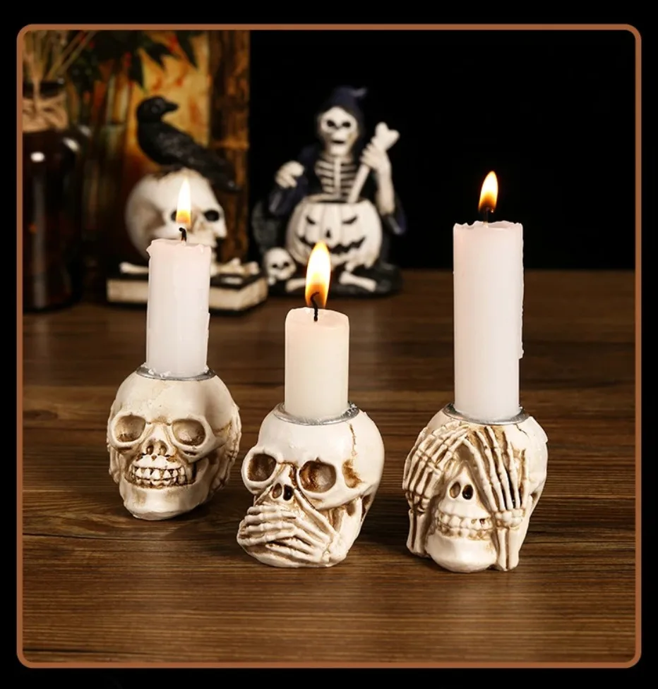 GothicGlow 3pc Halloween Skull Candle Holder Set