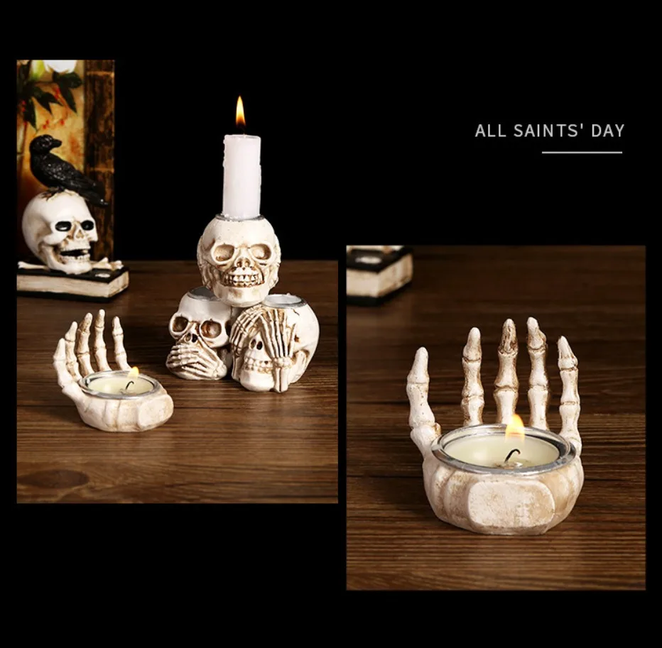GothicGlow 3pc Halloween Skull Candle Holder Set