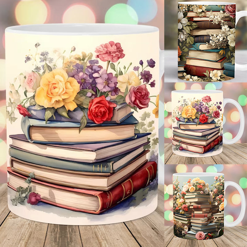 3D Artistic Beautiful Floral Books Coffee Mug - Book Lover Gift