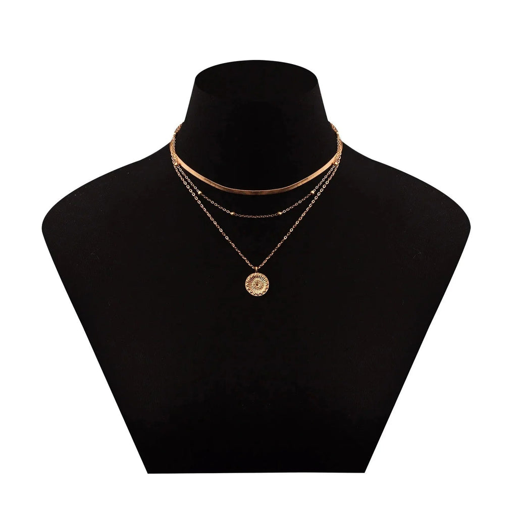 Layered Floral Pendant Herringbone & Dainty Necklaces Stack