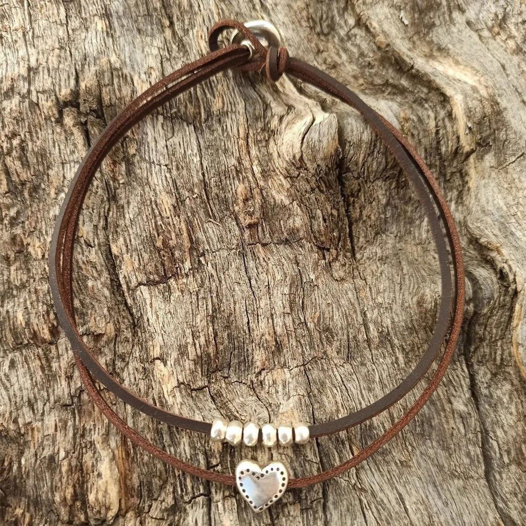 Layered Leather Heart Choker Necklace