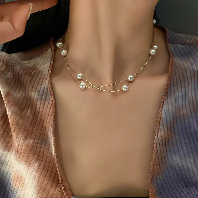 Layered Pearl Classy Choker Necklace