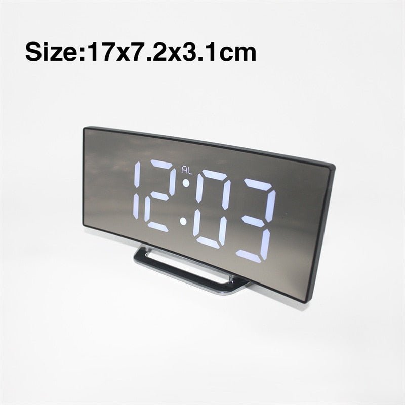 LED Digital Alarm Clock – Curved Mirror Display, Table Clock with Snooze Function, Electronic Table Display, Bedroom and Living Room Decor
