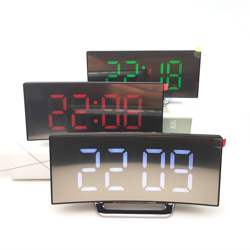 LED Digital Alarm Clock – Curved Mirror Display, Table Clock with Snooze Function, Electronic Table Display, Bedroom and Living Room Decor