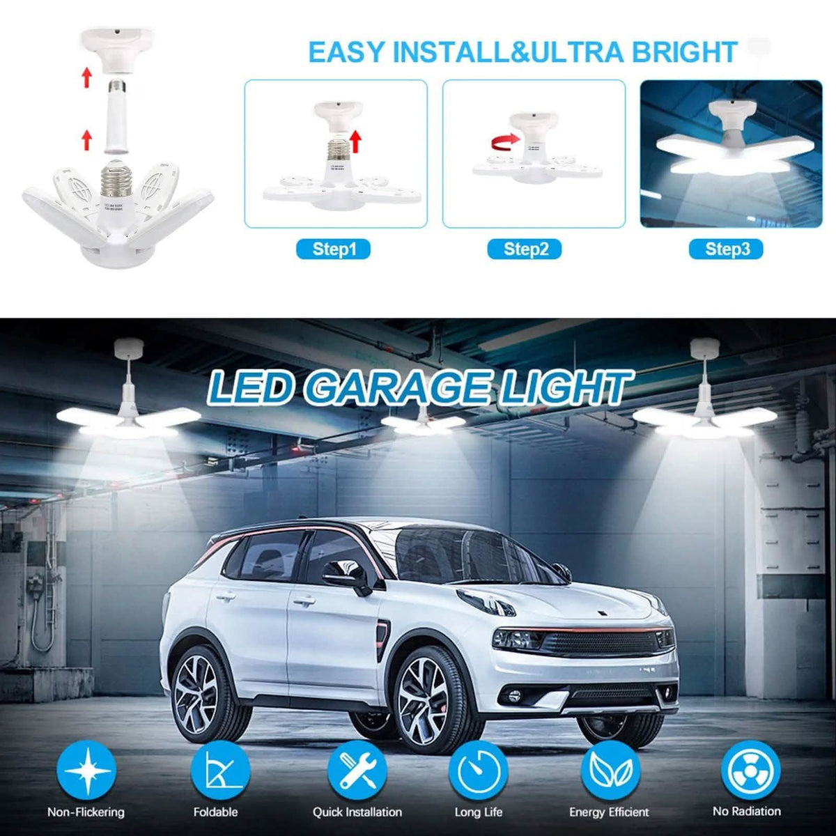 LED dimmable ceiling lights for the garage with 4 adjustable panels
