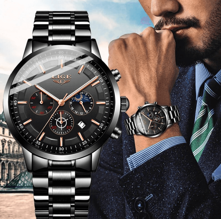 Military Black Steel Watch – Elegant Stainless Steel Men’s Wristwatch with Waterproof Design