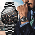 Military Black Steel Watch – Men's Stainless Steel Wristwatch with Day, Date & Night Display