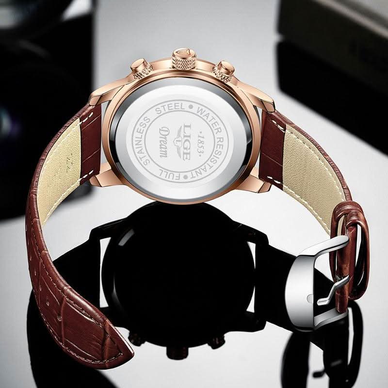 Men’s Stainless Steel Leather Strap Watch with Date