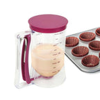 Dough dispenser with measuring scale and spout for muffins and cakes