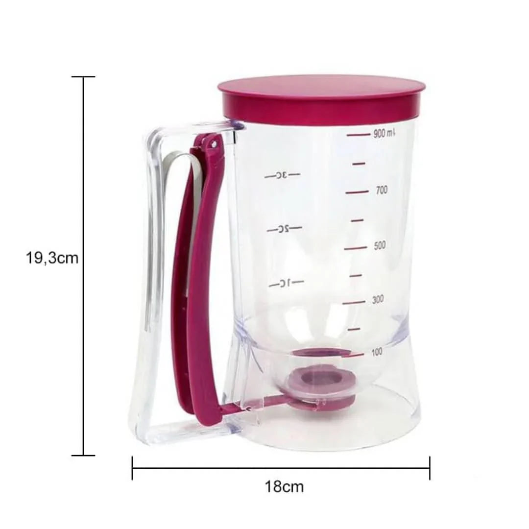 Dough dispenser with measuring scale and spout for muffins and cakes