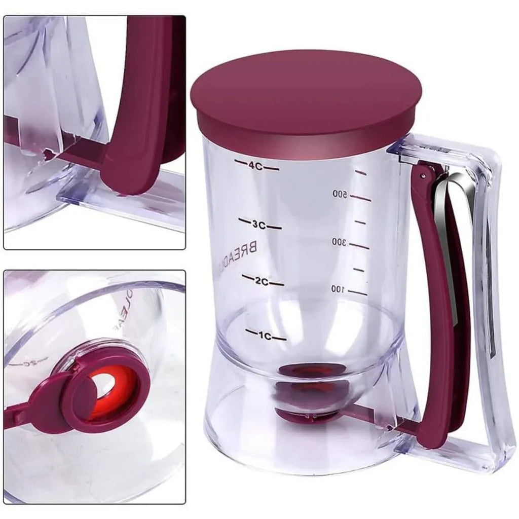 Dough dispenser with measuring scale and spout for muffins and cakes