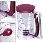 Dough dispenser with measuring scale and spout for muffins and cakes