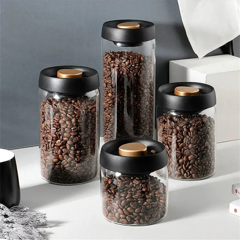 Glass coffee bean storage container with aroma protection lid for long-lasting freshness