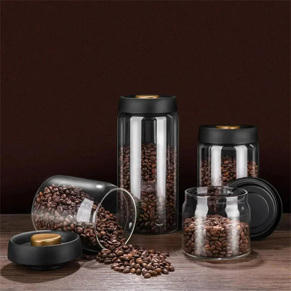 Glass coffee bean storage container with aroma protection lid for long-lasting freshness