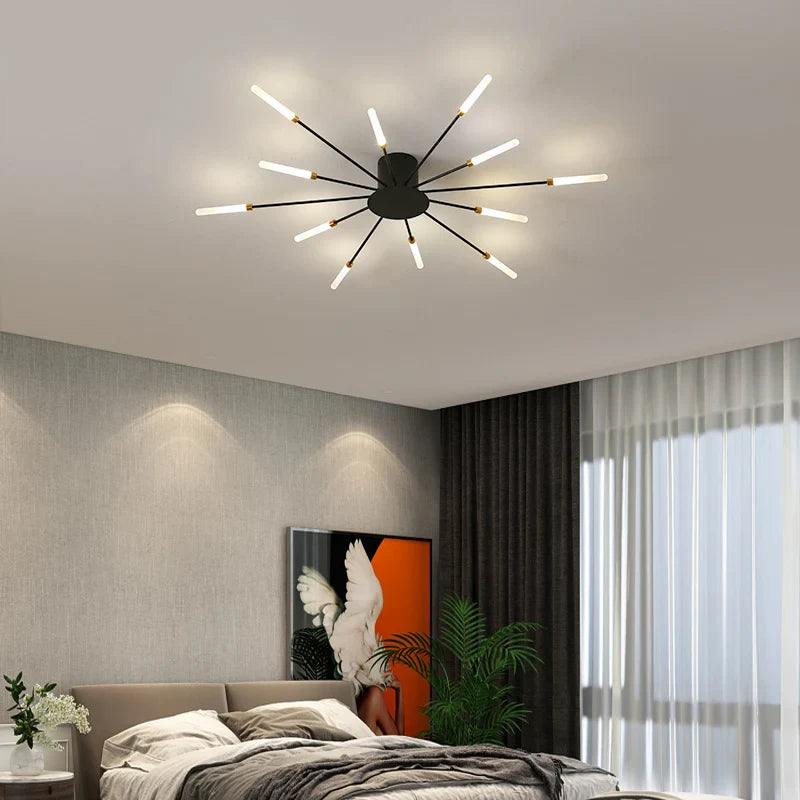 Modern Industrial Ceiling Lamp Sputnik Fireworks | Black & Gold Finish. LED Lighting for Living Room. Dining Room & Bedroom Decor