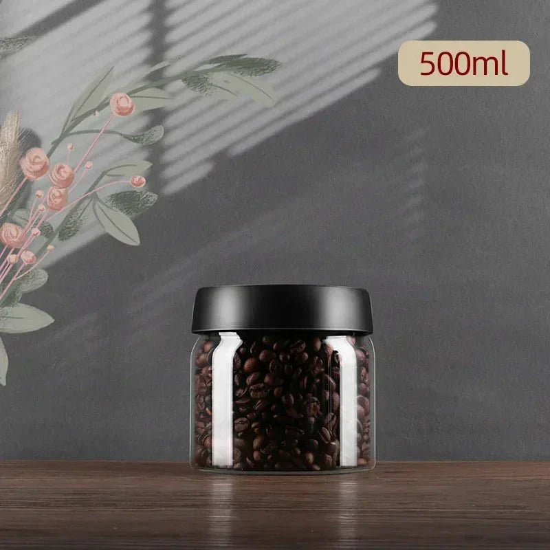 Glass coffee bean storage container with aroma protection lid for long-lasting freshness