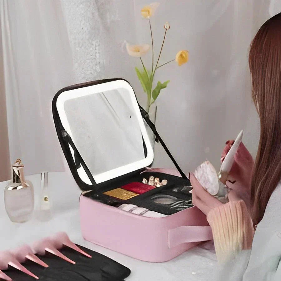 MirrorGlam LED Make-up Bag – Portable Cosmetic Case with Adjustable Light & Organizer Loops