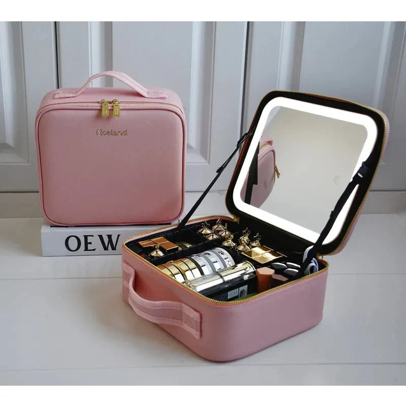MirrorGlam LED Make-up Bag – Portable Cosmetic Case with Adjustable Light & Organizer Loops