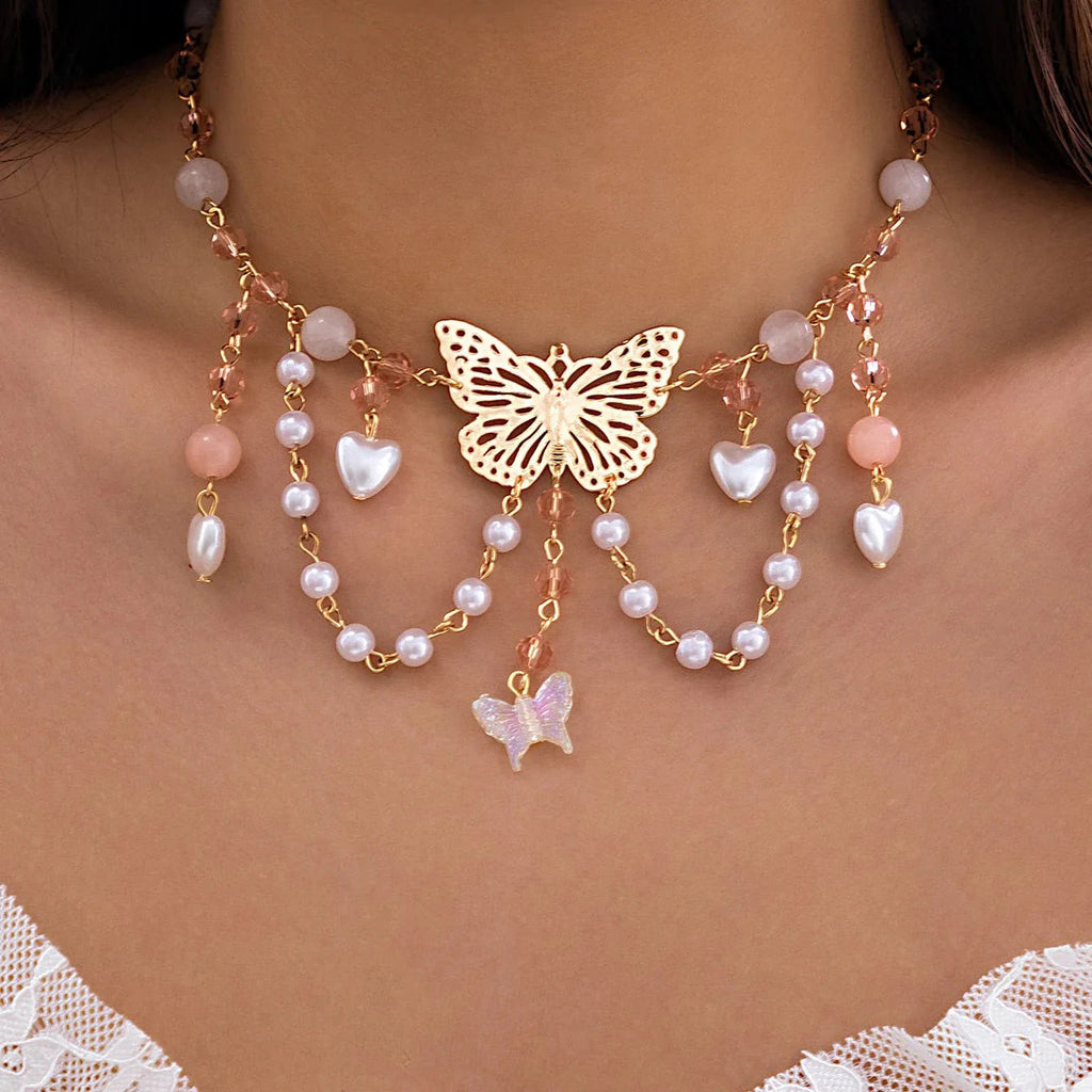 Multi Layered Butterfly Heart Choker Necklace