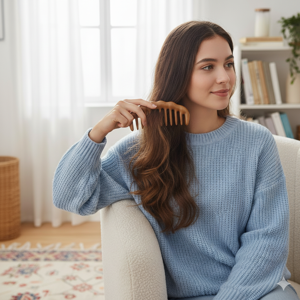 Tooth Hair Comb – Breakage-Free Detangling – Golden Sandalwood – Anti-Static – Gentle Scalp Massage – Healthy Shine