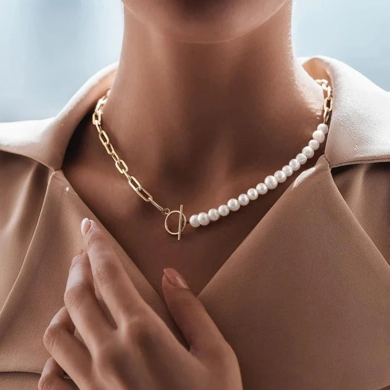 Paperclip Chain Pearl Blended Bracelet and Necklace
