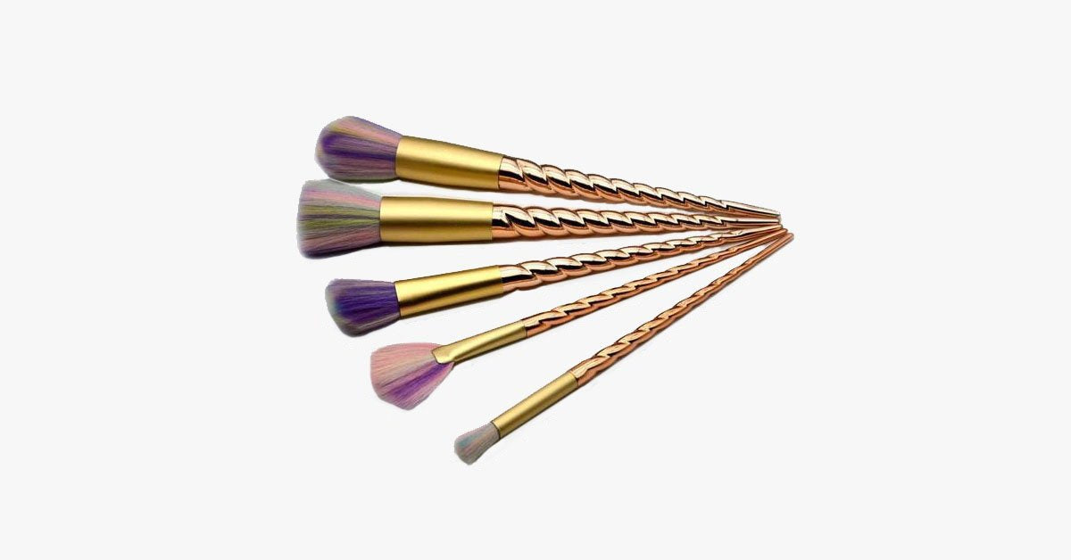 Gold twisted unicorn makeup brush set with 5 synthetic brushes - Gives you the perfect makeup!
