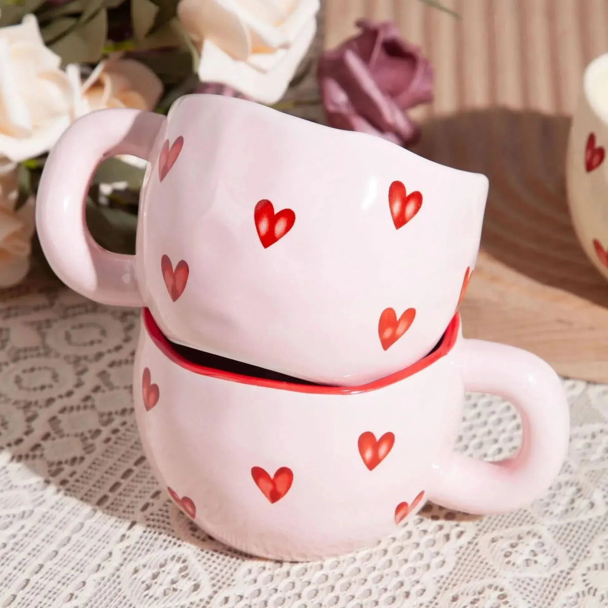 Ceramic Coffee Mug with Pink Heart Design, 220 ml