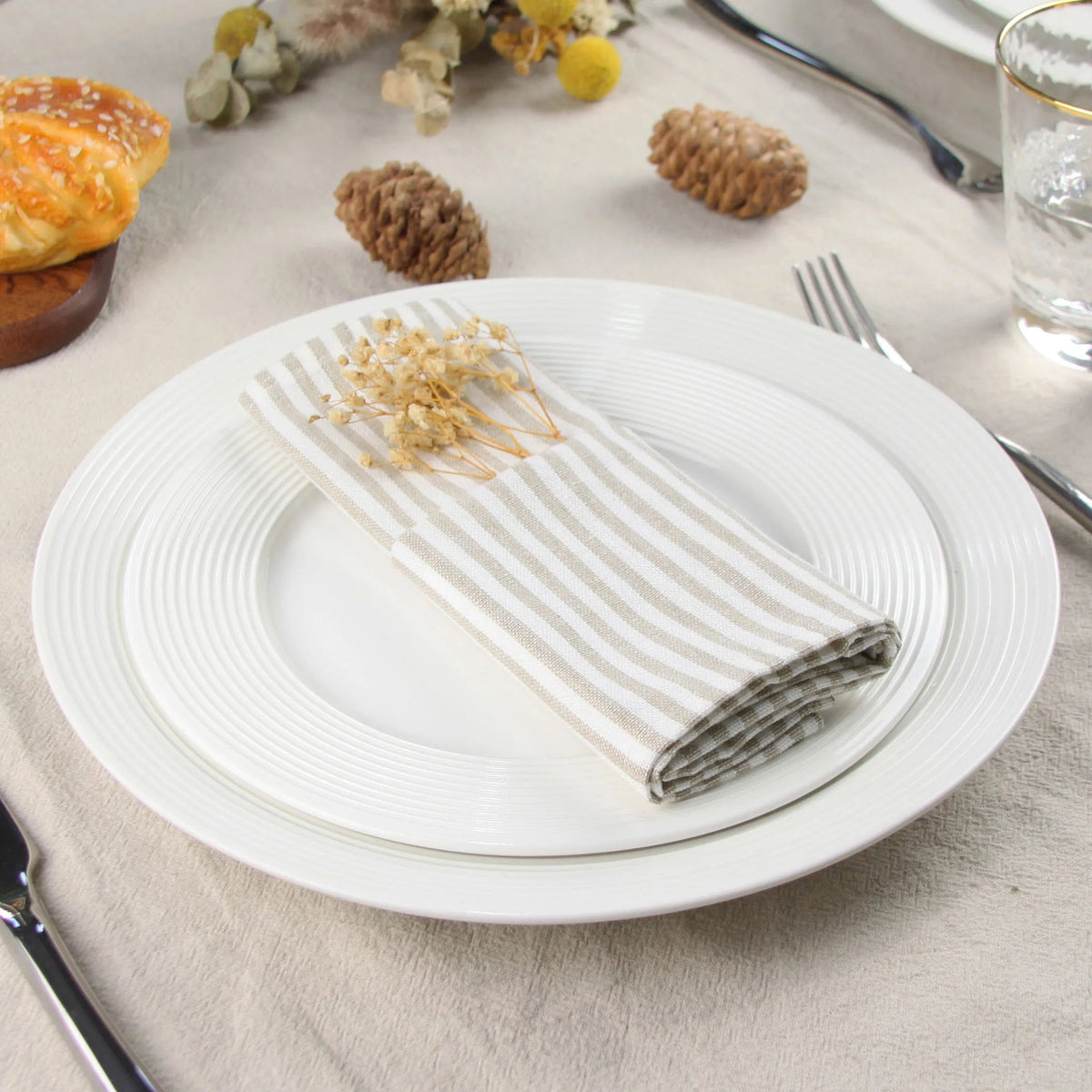 Plain Striped Cotton Linen Blend Table Napkins Set of 12 Cloth Napkins
