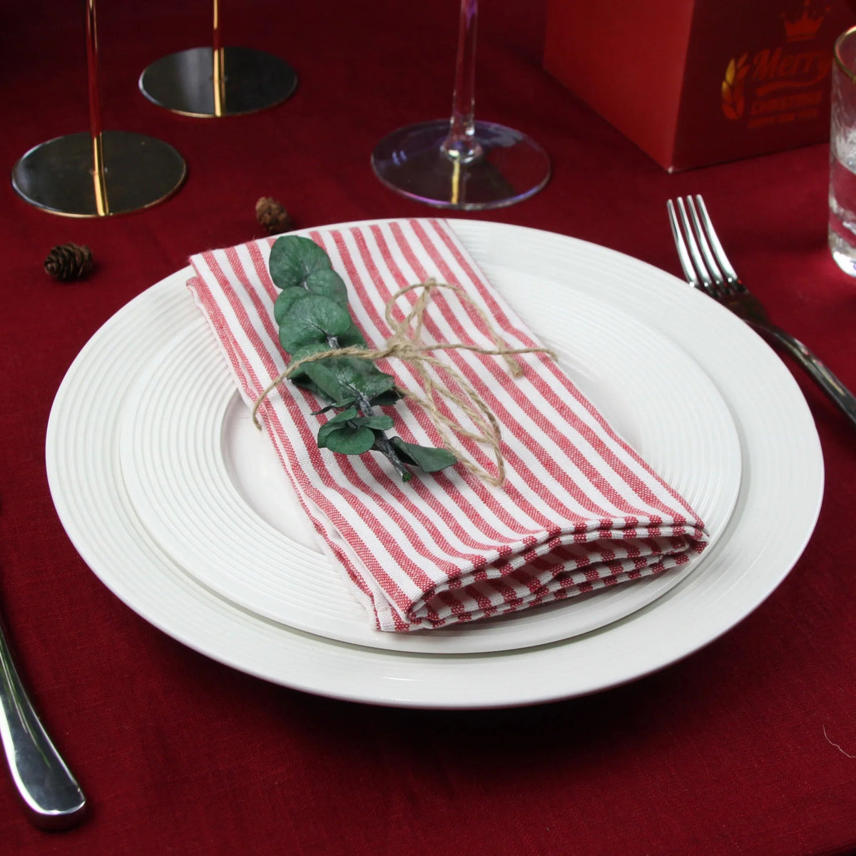 Plain Striped Cotton Linen Blend Table Napkins Set of 12 Cloth Napkins