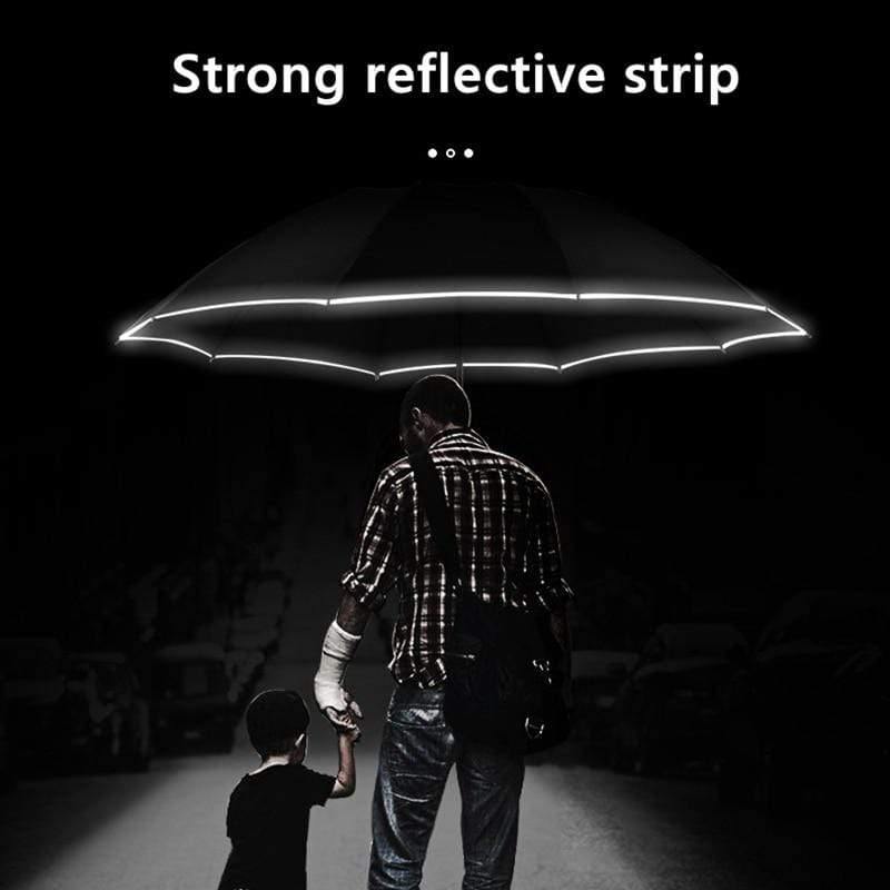 Automatic reverse LED light umbrella with reflective strip, three-fold foldable, inverted, 10 ribs, windproof umbrellas for travel