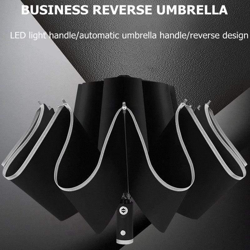 Automatic reverse LED light umbrella with reflective strip, three-fold foldable, inverted, 10 ribs, windproof umbrellas for travel