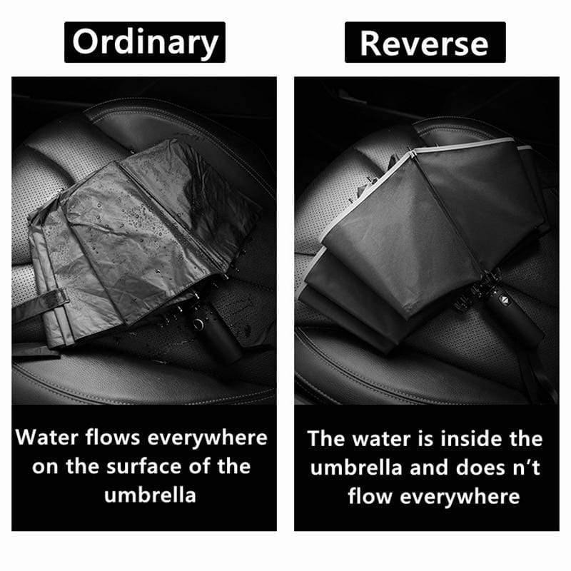 Automatic reverse LED light umbrella with reflective strip, three-fold foldable, inverted, 10 ribs, windproof umbrellas for travel