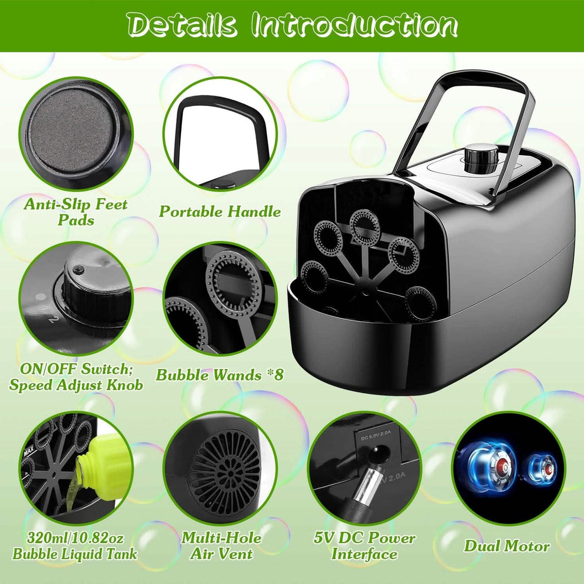 Portable Bubble Machine with 2 Speeds Hand Grip 3000-4000 Bubbles per Minute Plug-powered Battery-powered