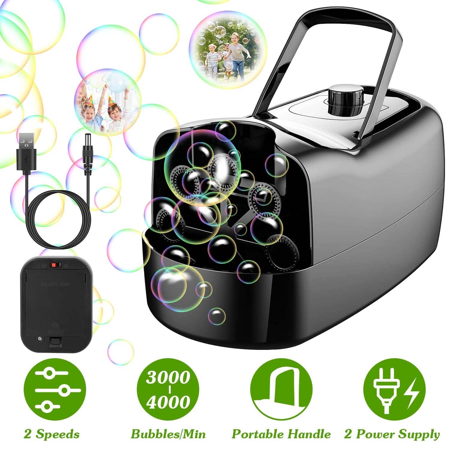 Portable Bubble Machine with 2 Speeds Hand Grip 3000-4000 Bubbles per Minute Plug-powered Battery-powered