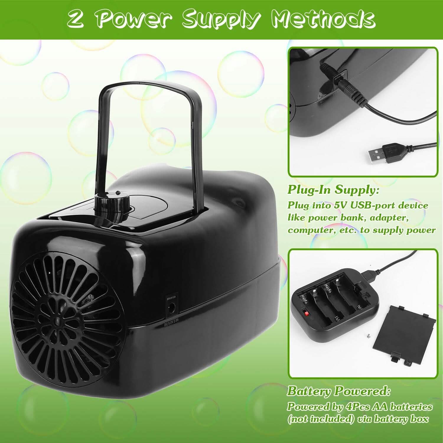Portable Bubble Machine with 2 Speeds Hand Grip 3000-4000 Bubbles per Minute Plug-powered Battery-powered