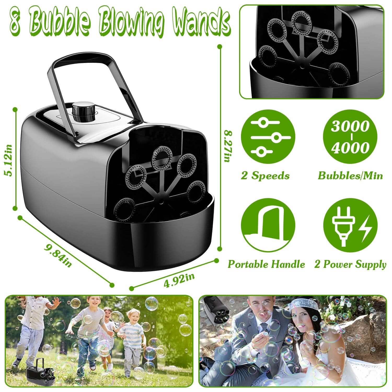 Portable Bubble Machine with 2 Speeds Hand Grip 3000-4000 Bubbles per Minute Plug-powered Battery-powered