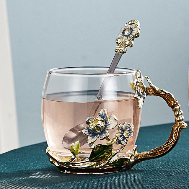 Handcrafted enamel flower glass mug for couples love gift can serve coffee, flavored tea or even lemon juice in