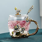 Handcrafted enamel flower glass mug for couples love gift can serve coffee, flavored tea or even lemon juice in