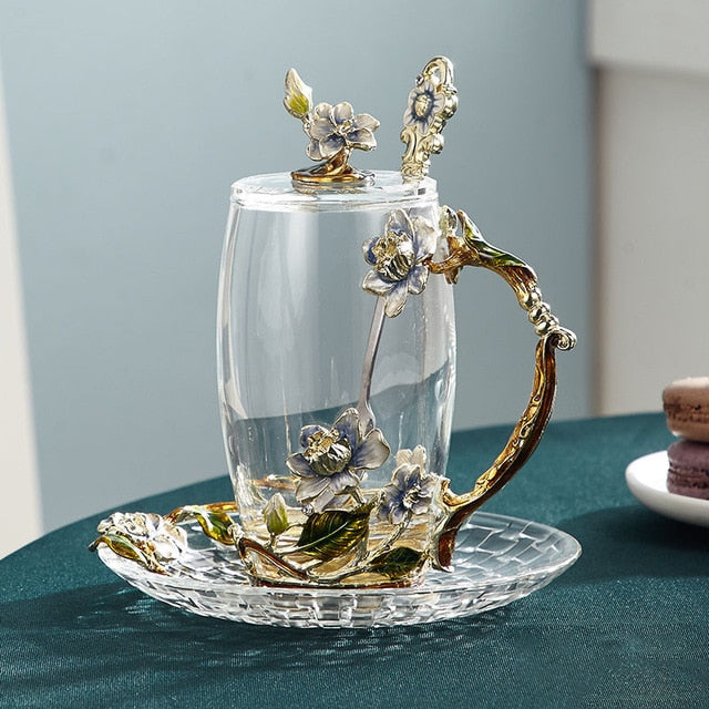 Handcrafted enamel flower glass mug for couples love gift can serve coffee, flavored tea or even lemon juice in