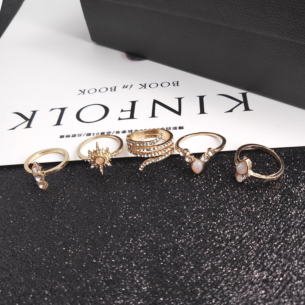 Fashion Crystal Gold color Geometric Knuckle Rings set