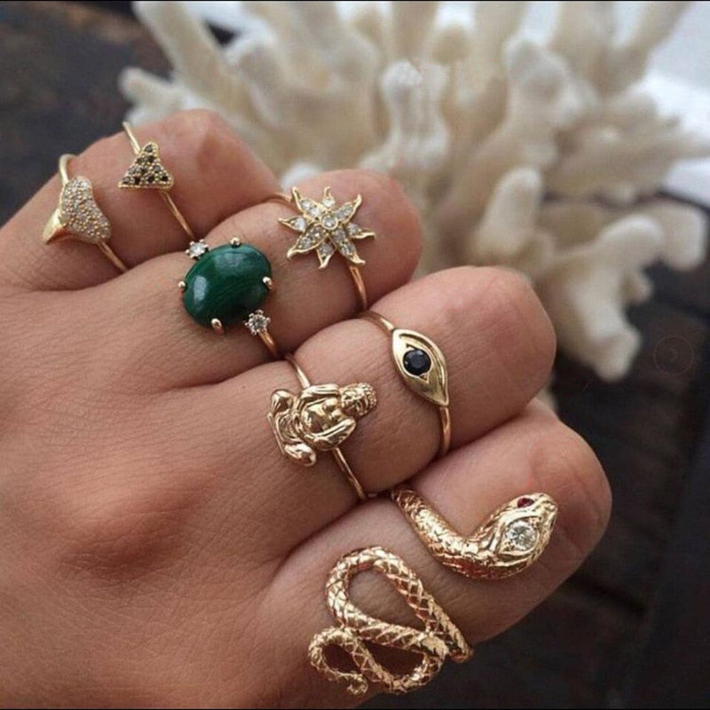 Fashion Crystal Gold color Geometric Knuckle Rings set