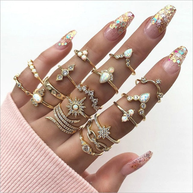 Fashion Crystal Gold color Geometric Knuckle Rings set