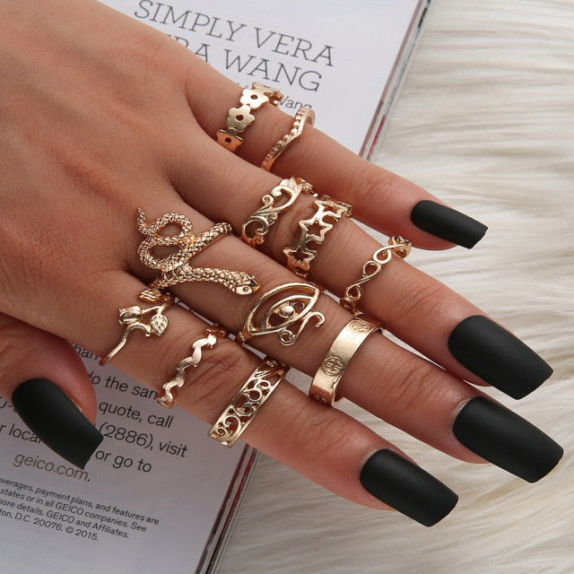 Fashion Crystal Gold color Geometric Knuckle Rings set