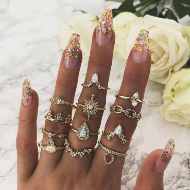 Fashion Crystal Gold color Geometric Knuckle Rings set